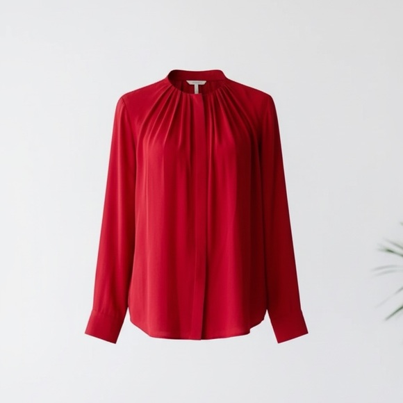 Hugo boss Red/strawberry Long-Sleeve Pleated Front Women's Blouse silk - Picture 2 of 8